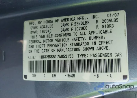2007 Honda Accord 3.0 Ex from USA, damaged, VIN 1HGCM66517A052153